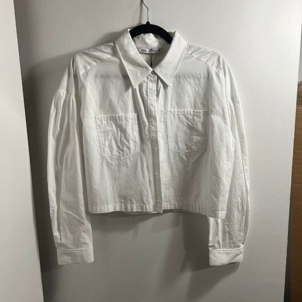Zara White Cropped Button Down Shirt M - NEW WITH TAGS